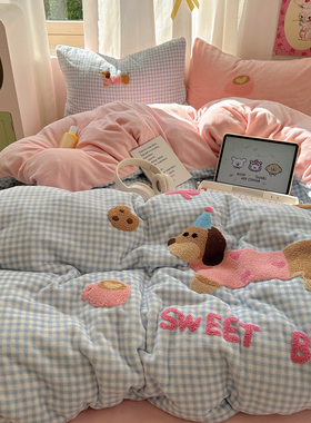 晚安猫卡通腊肠狗牛奶绒四件套双面加绒加厚宿舍三件套充电床品