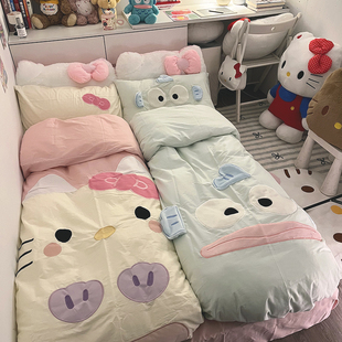 晚安猫少女心纯棉四件套可爱卡通床单被套全棉宿舍三件套床品