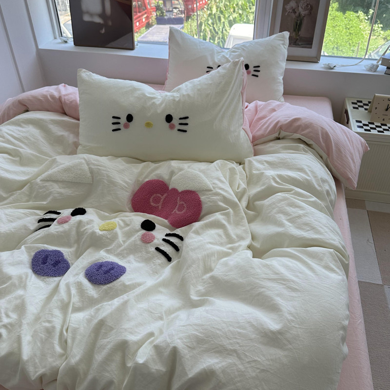 晚安猫ins少女卡通毛巾绣水洗棉四件套床单被套宿舍三件套床品
