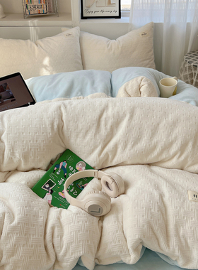 晚安猫ins盐系卧室撞色简约牛奶绒亲肤四件套秋冬少女心纯色套件