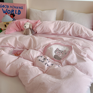 晚安猫ins卡通可爱猫咪全棉水洗棉四件套纯棉宿舍三件套床单床品
