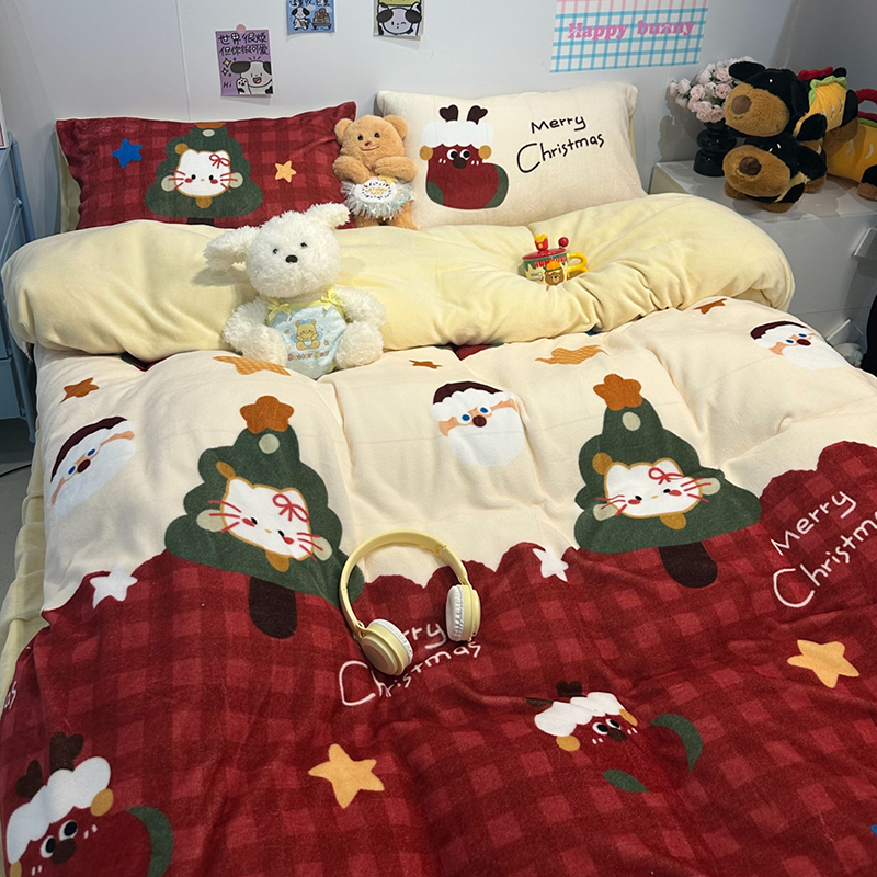 晚安猫可爱卡通圣诞小猫牛奶绒四件套保暖宿舍三件套床单床笠床品