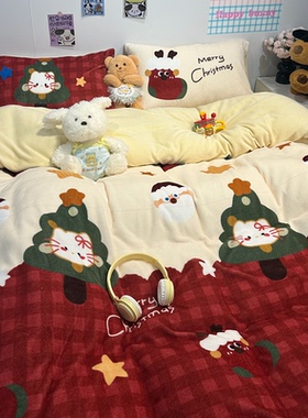 晚安猫新年限定可爱卡通牛奶绒四件套保暖宿舍三件套床单床笠床品