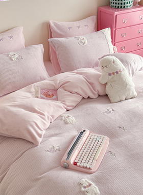 晚安猫立体小兔贴布刺绣牛奶绒四件套保暖宿舍三件套床单床笠床品