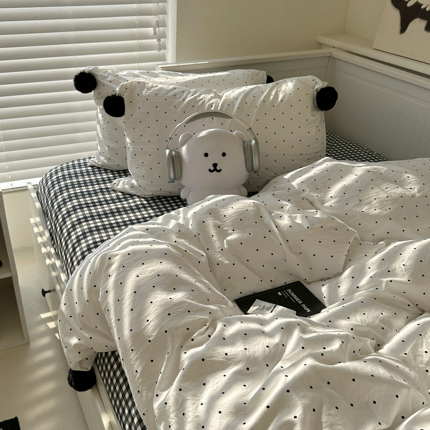 晚安猫INS风波点黑格球球款四件套水洗棉简约小清新宿舍三件套