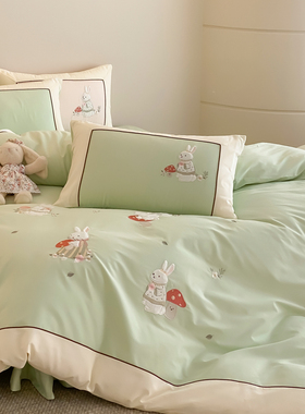 晚安猫秋冬可爱兔子纯棉磨毛四件套卡通刺绣加厚被套床单床上用品