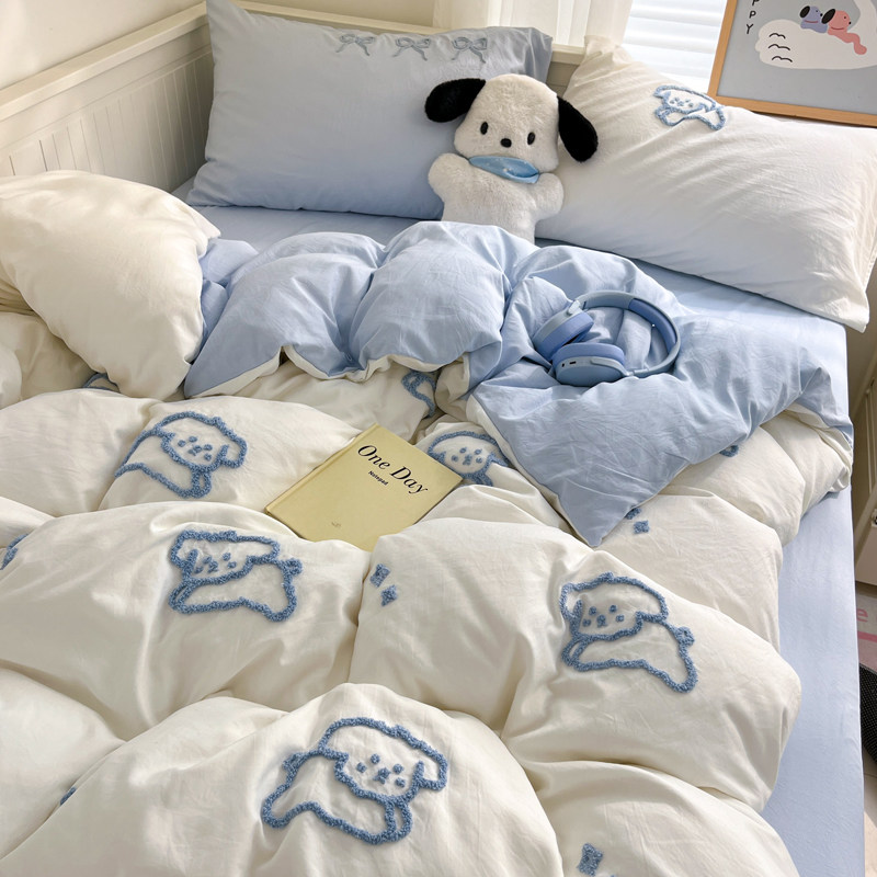 晚安猫ins小清新水洗棉四件套刺绣毛巾绣宿舍三件套床单床笠床品,床上用品,床品套件/四件套/多件套,淘宝优惠券,粉丝福利购,淘宝优惠卷