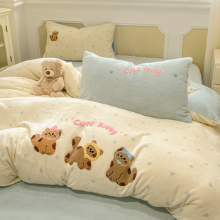 晚安猫可爱卡通毛巾绣牛奶绒四件套加厚双面绒被套宿舍三件套床品