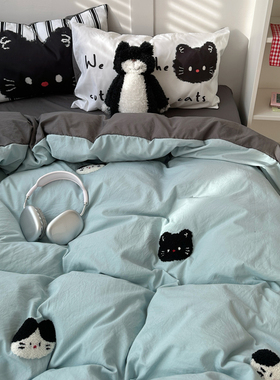 晚安猫ins水洗棉毛巾绣四件套少女心宿舍三件套床单被套床笠床品