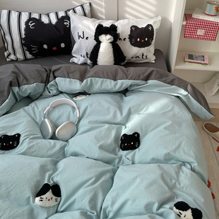 晚安猫ins水洗棉毛巾绣四件套少女心宿舍三件套床单被套床笠床品