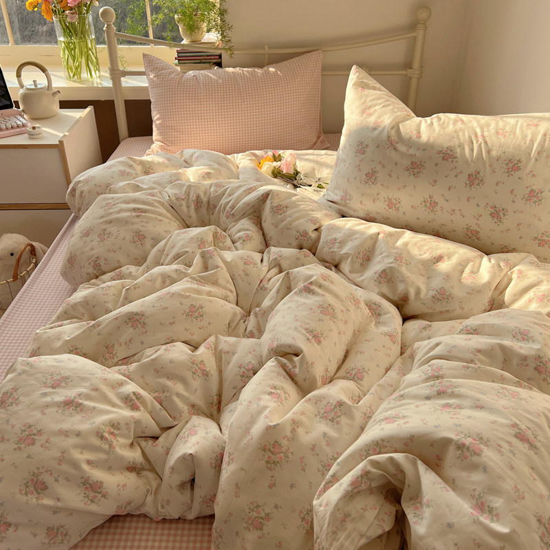 晚安猫ins小碎花混搭枕套全棉四件套舒适纯棉宿舍三件套床单床品