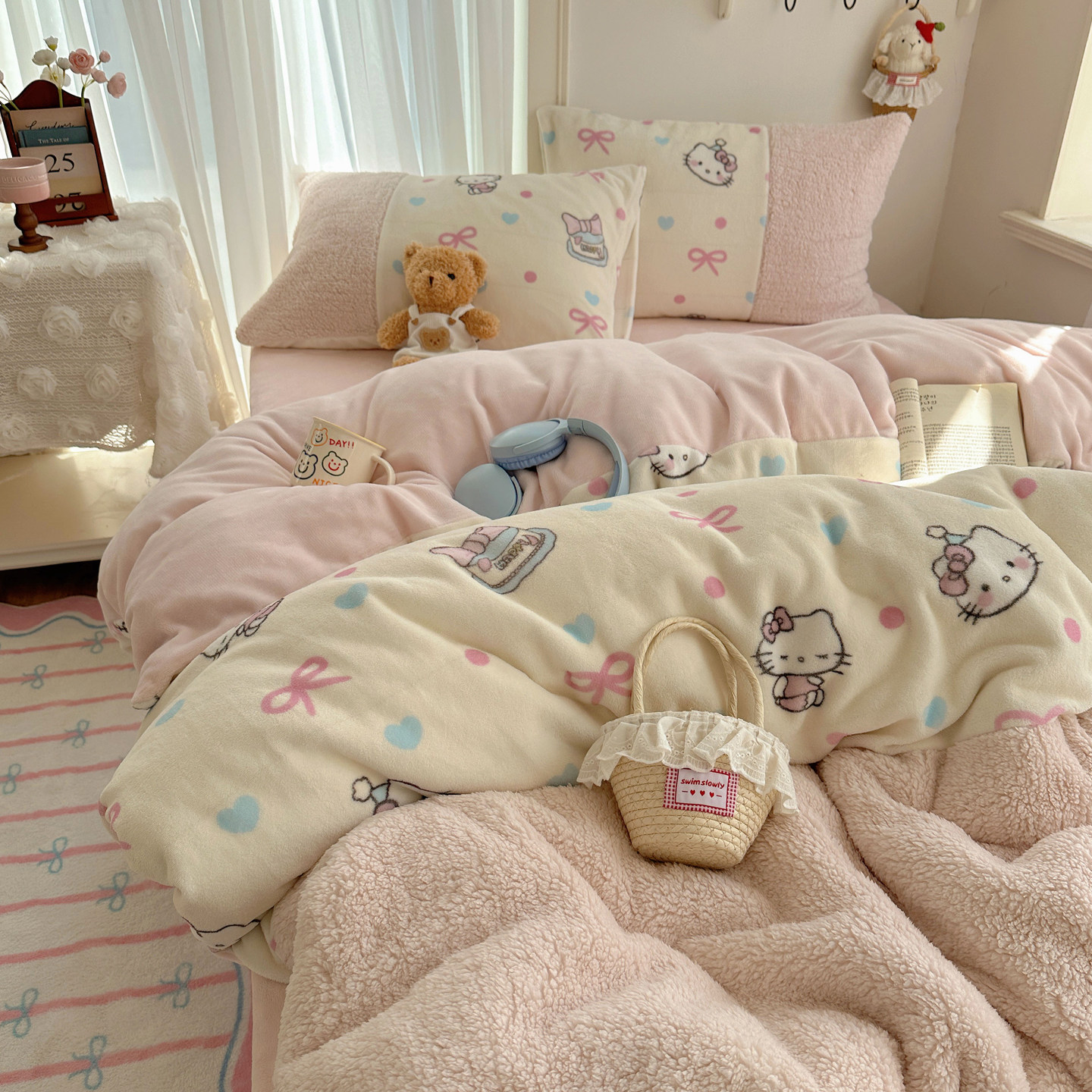 羊羔拼接牛奶绒少女风四件套