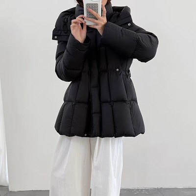 小个子黑色连帽鸭绒外套2025新款女装冬季修身收腰中长款羽绒服女