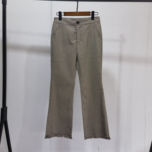 喇叭裤 子长裤 女显瘦微弹 流苏9分裤 品牌尾货吊牌256细千鸟格子修身