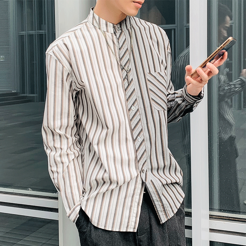壹半小众设计不对称条纹长袖衬衫男立领衬衣宽松日系复古阿美咔叽