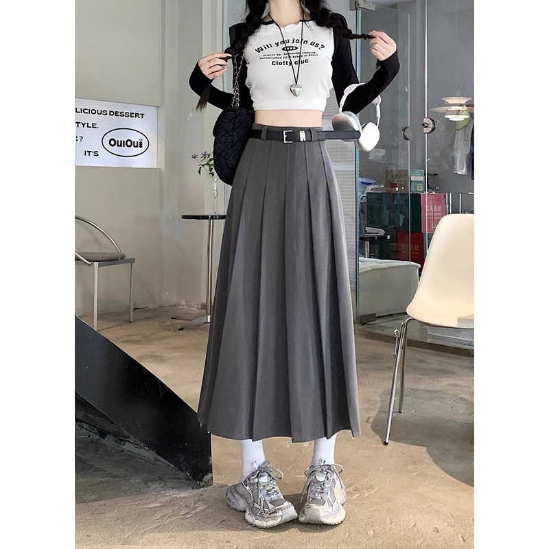韩系中长款西装裙半身裙女春秋季灰色高腰A字裙伞裙百褶裙长裙子
