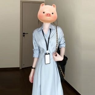 法式蓝色长袖衬衫洋装子夏季初秋女装2025新款气质收腰显瘦长裙