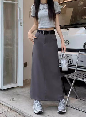 开叉A字西装半身裙女夏季新款高腰黑色显瘦包臀裙中长款灰色裙子