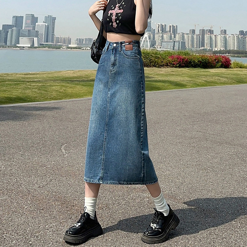 005百搭后开叉牛仔半身裙女春夏季新款高腰显瘦百搭中长款牛仔裙