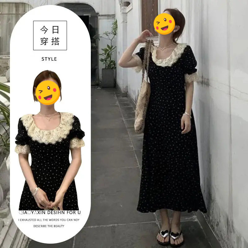 长裙黑色法式荷叶领甜美碎花蕾丝夏季新款中长款轻奢短袖茶歇裙子