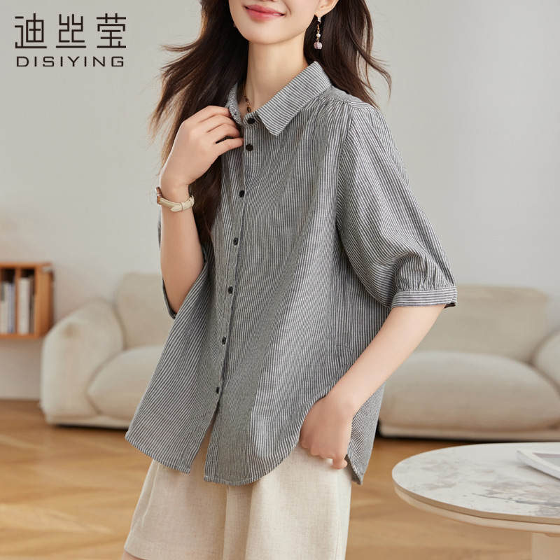 2025年夏季新款纯棉衬衫女短袖细条纹宽松休闲五分袖衬衣薄款上衣