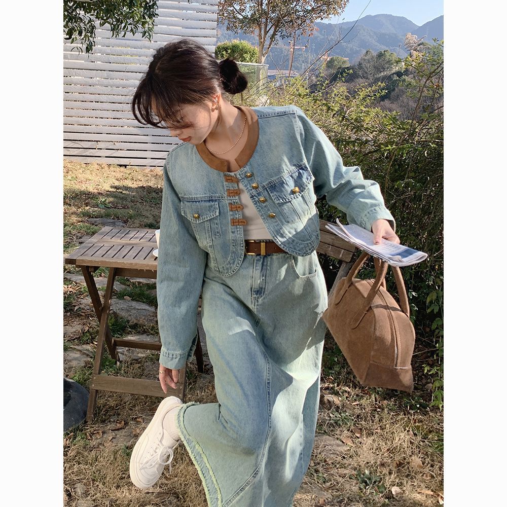 时尚复古港风牛仔套装女