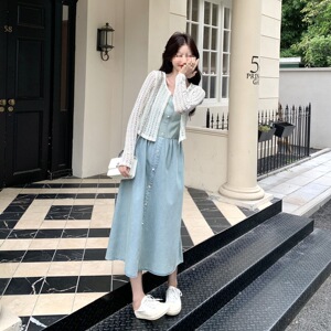 浅色牛仔吊带连衣裙套装女春2026新款气质复古港风针织开衫两件套