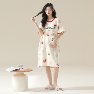睡衣女士夏季速卖通全纯棉短袖睡裙学生少女性感长裙家居服可外穿