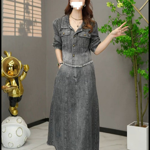 时尚长袖牛仔连衣裙套装女2026春秋新款女士气质休闲显瘦两件套裙