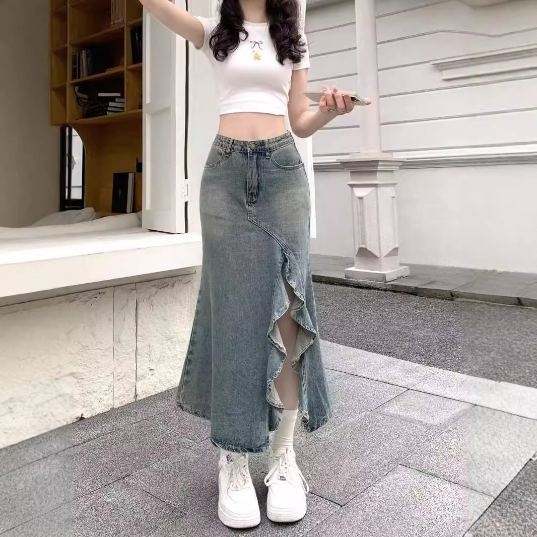 港风复古中长款牛仔半身