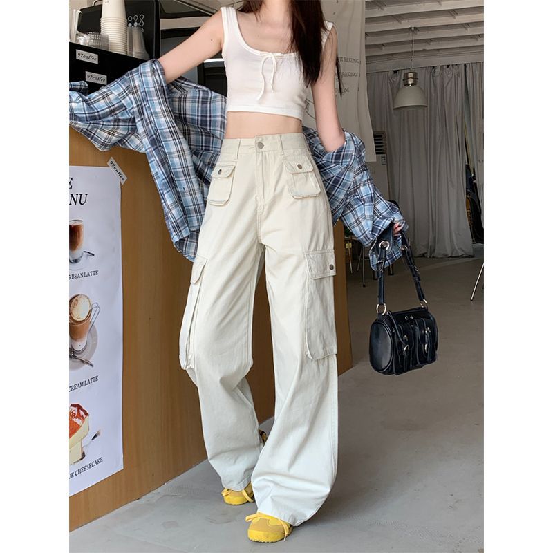 口袋设计感显瘦牛仔裤杏