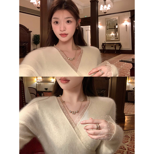 cchen陈陈 精品浣熊绒羊毛纱温柔风拼接波点纱毛衣春秋 她很漂亮