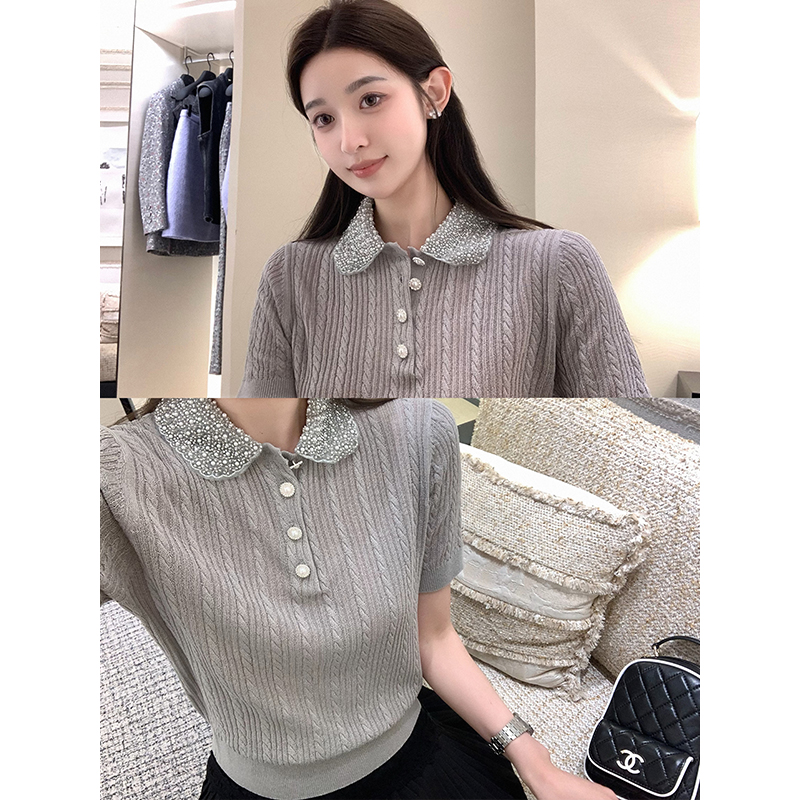 重工缪钻领翻边绞花螺纹针织短袖