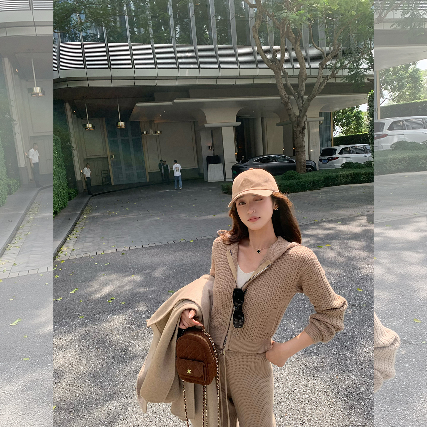 cchen陈陈-华夫格私服 女秋季连帽阔腿裤针织短外套休闲运动套装