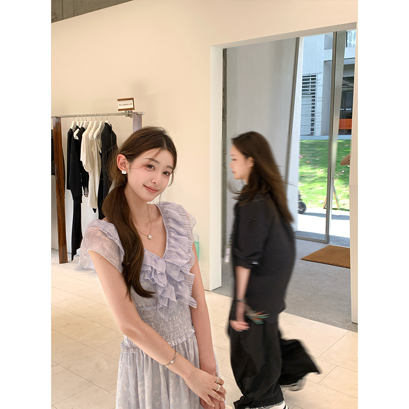 cchen陈陈 柔光絮语 印花v领连衣裙女设计感收腰修身无袖紫色长裙