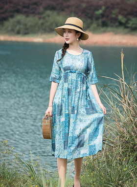 原创裙子仙女竺麻蓝色连衣裙显白遮肉碎花苎麻薄款高端气质夏长裙