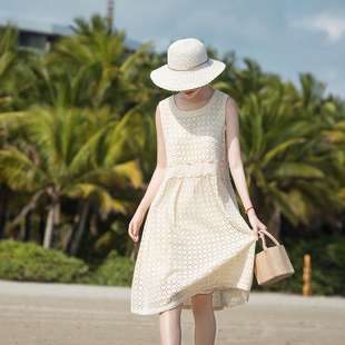 裙子仙女小清新中裙 中米色气质砍袖 背心裙蕾丝连衣裙夏季 原创新款