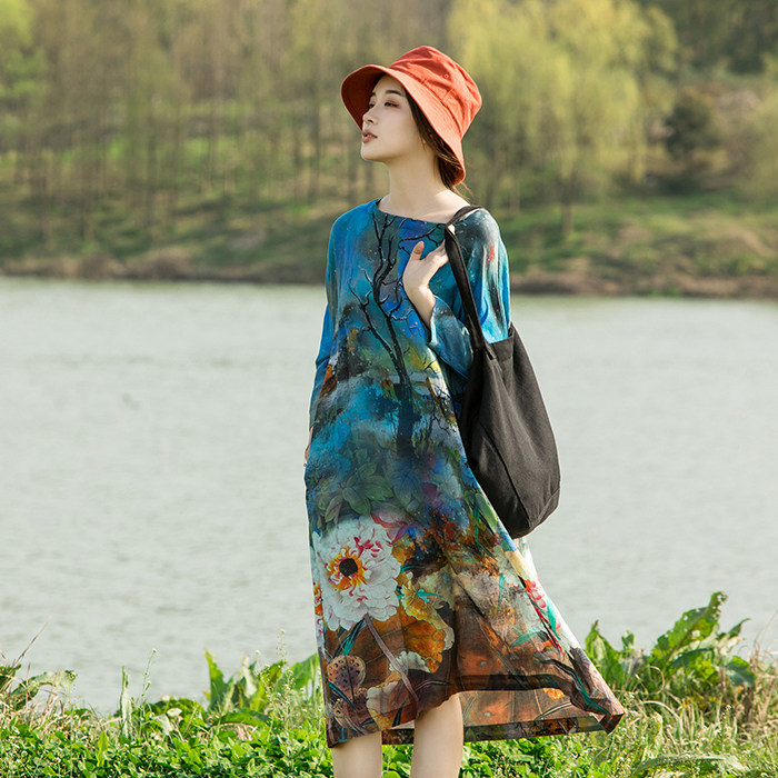 冉裳原创款苎麻荷花印花连衣裙女宽松文艺复古中国风中长款裙春夏,女装/女士精品,连衣裙,淘宝优惠券,粉丝福利购,淘宝优惠卷