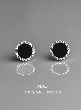 MAJ天然黑玛瑙镶嵌银耳钉男女简约925银高街原石定制切割闪亮情侣