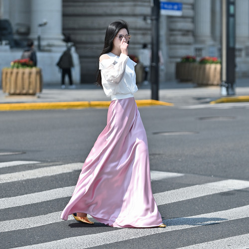 2026春夏真醋酸缎面女松紧腰加长款优雅气质大摆裙A字轻奢半身裙