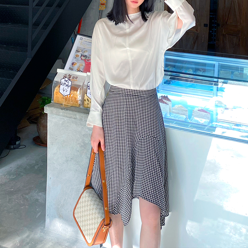 春夏新品千鸟格真丝桑蚕丝女半裙