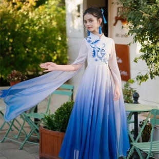 儿童古筝演出服中国风古典大摆裙民族风礼服女童中大童成人表演服