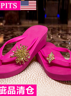 瑕疵特价不退换 popits平底人字拖外穿凉拖海边度假沙滩鞋5cm时尚