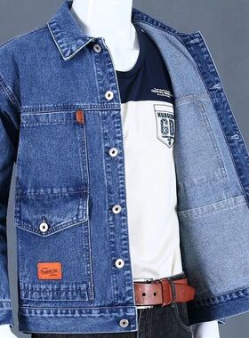 牛仔外套男工地干活电焊工作服上衣防烫耐磨多口袋工装翻领外套