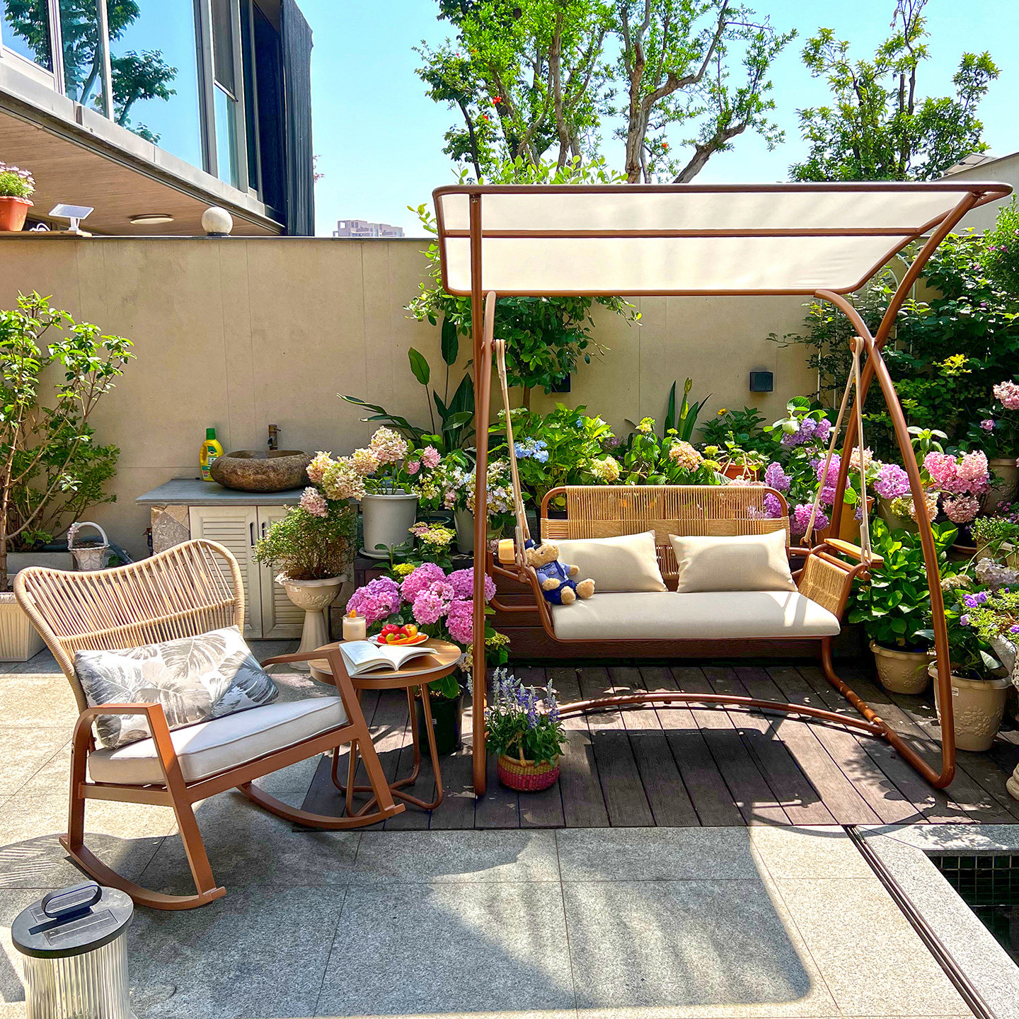 户外秋千庭院家具藤编双人露台摇椅阳台花园实木扶手室外小院吊椅