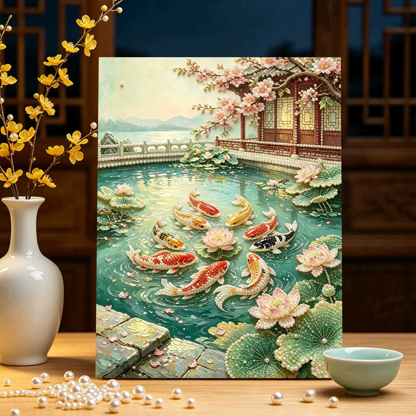 九鲤戏荷塘2026新款DIY珍珠画手工制作立体客厅钻石画高级装饰品