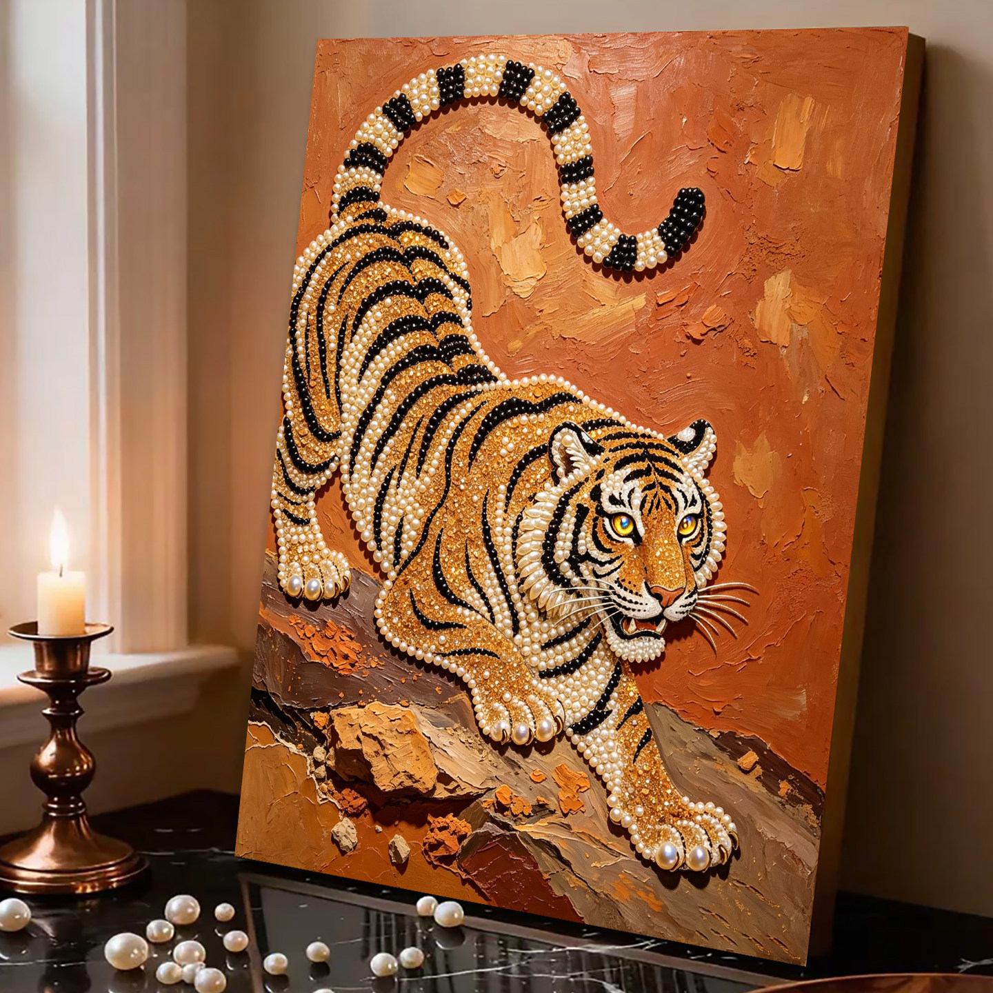 2026新款珍珠画猛虎下山材料DIY手工钻石画高级感客厅装饰画摆件