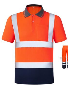 速干新款翻领长袖建筑施工道路环卫安全服工地服反光四季T恤套装