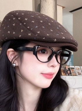 咖色碎花呢子前进帽秋冬保暖帽子