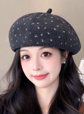 碎花呢子贝雷帽女秋冬天保暖帽子